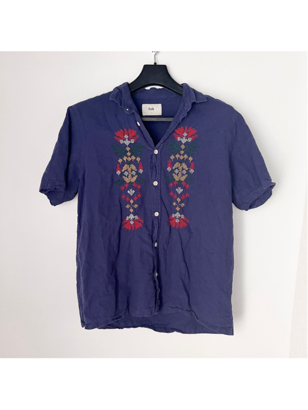 Folk Shirt Navy Blue Floral Embroidered Cotton Linen Blend Beach Men’s Large